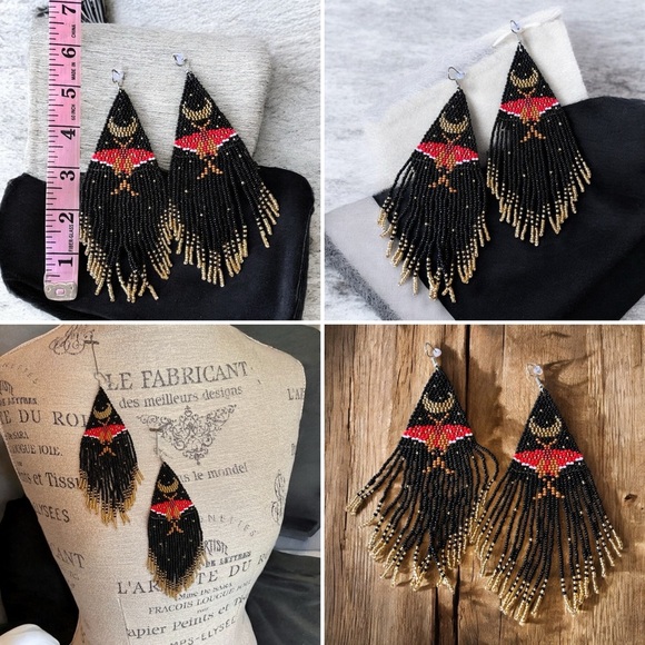 Bold Black Gold Silver Red Handmade Boho Witchy Beaded Earrings w/beaded fringe - Picture 16 of 16